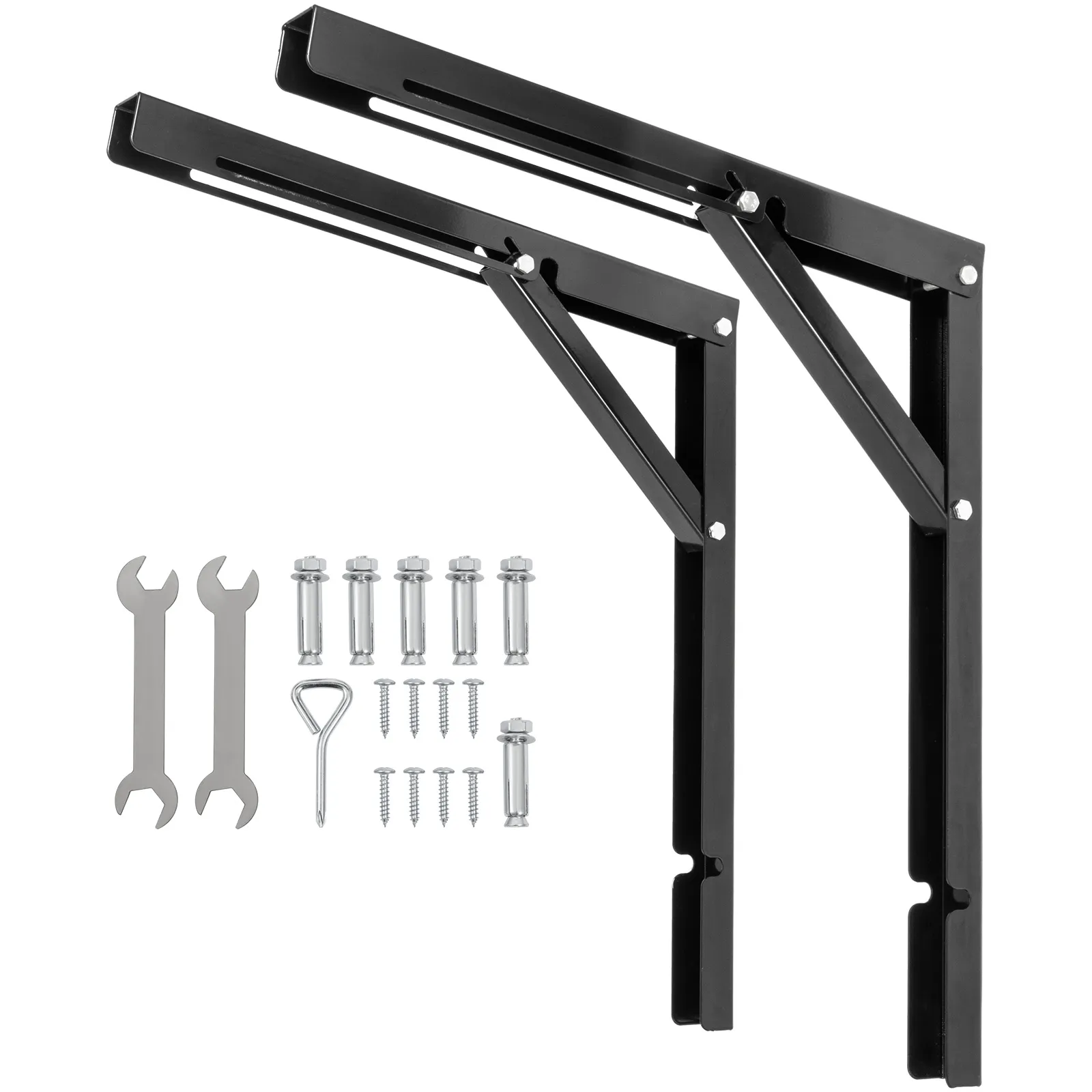 VEVOR folding shelf brackets with screws, anchors, and wrenches.