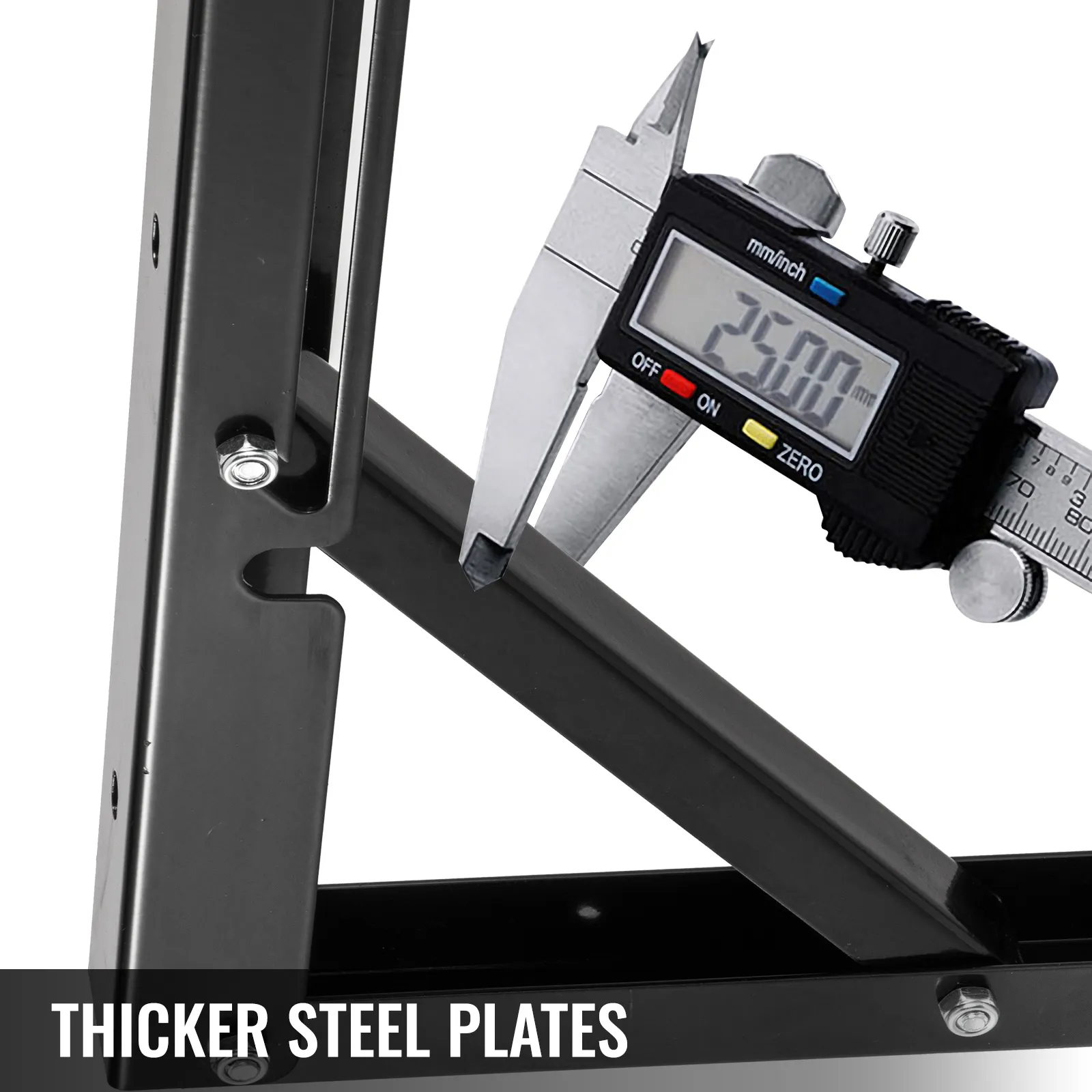 VEVOR folding shelf brackets with thicker steel plates measured with digital caliper.