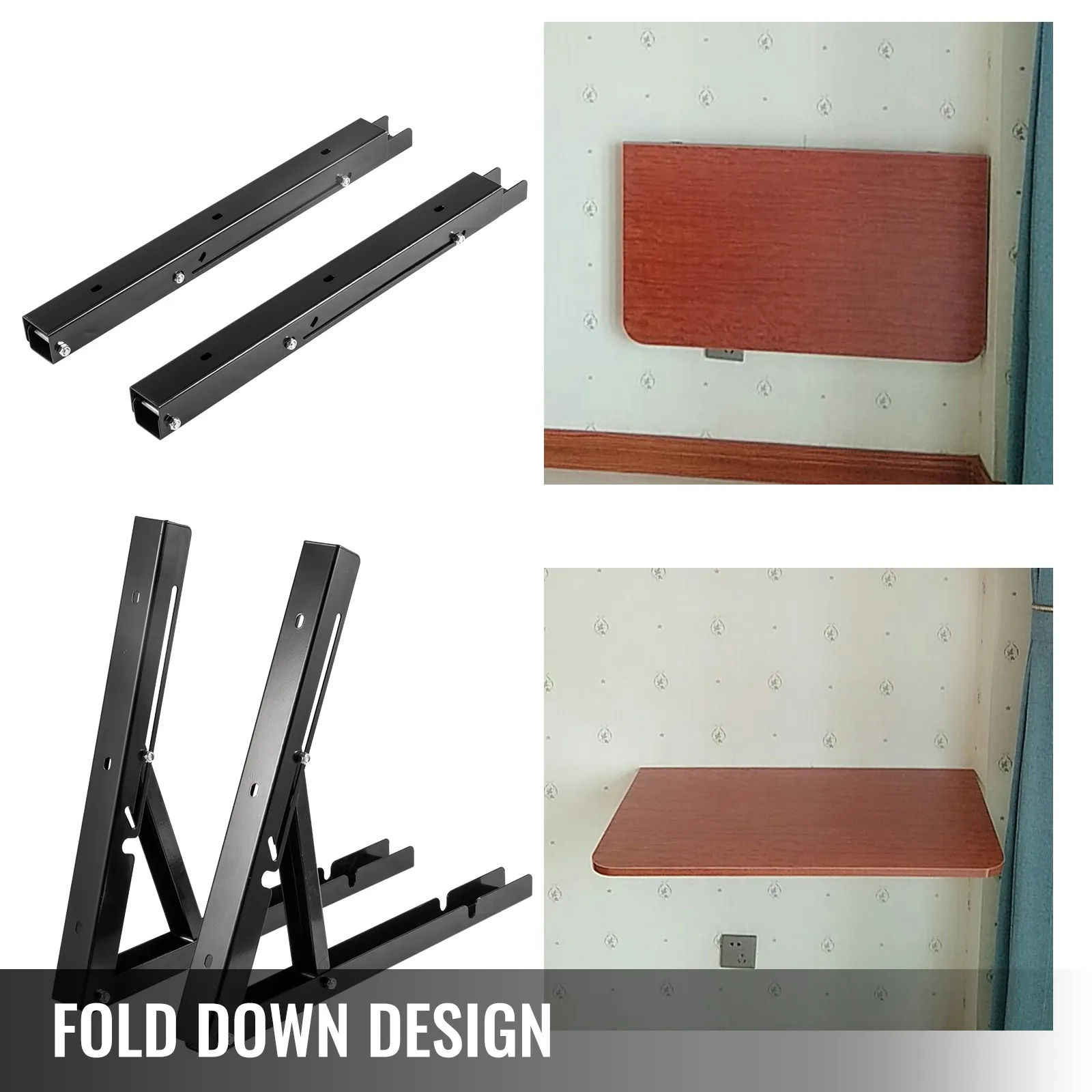 VEVOR folding shelf brackets with fold-down design installed on wall.