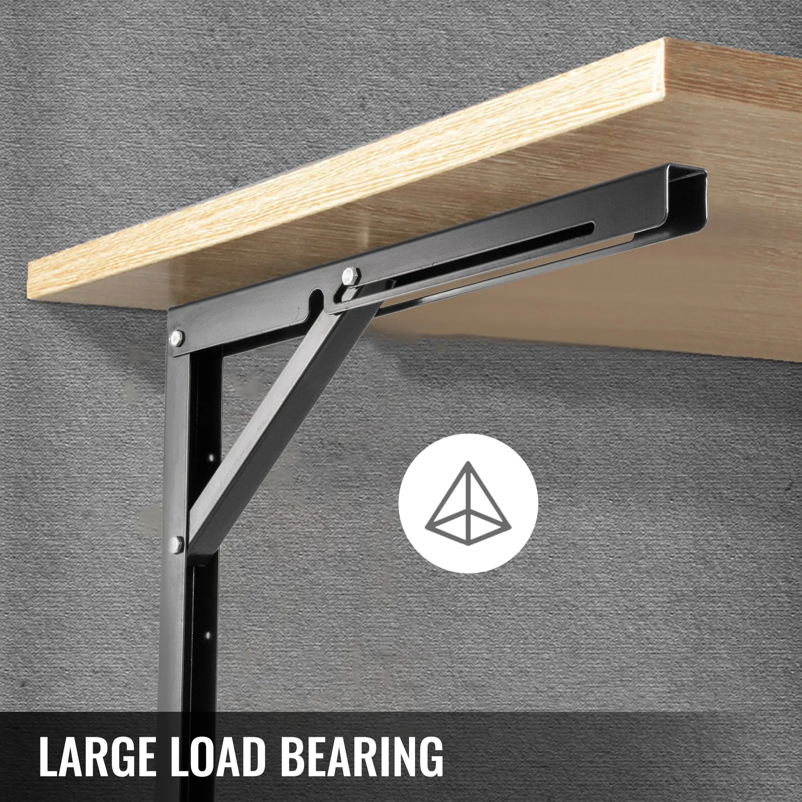 VEVOR folding shelf brackets holding a wooden shelf, showcasing large load bearing capacity.