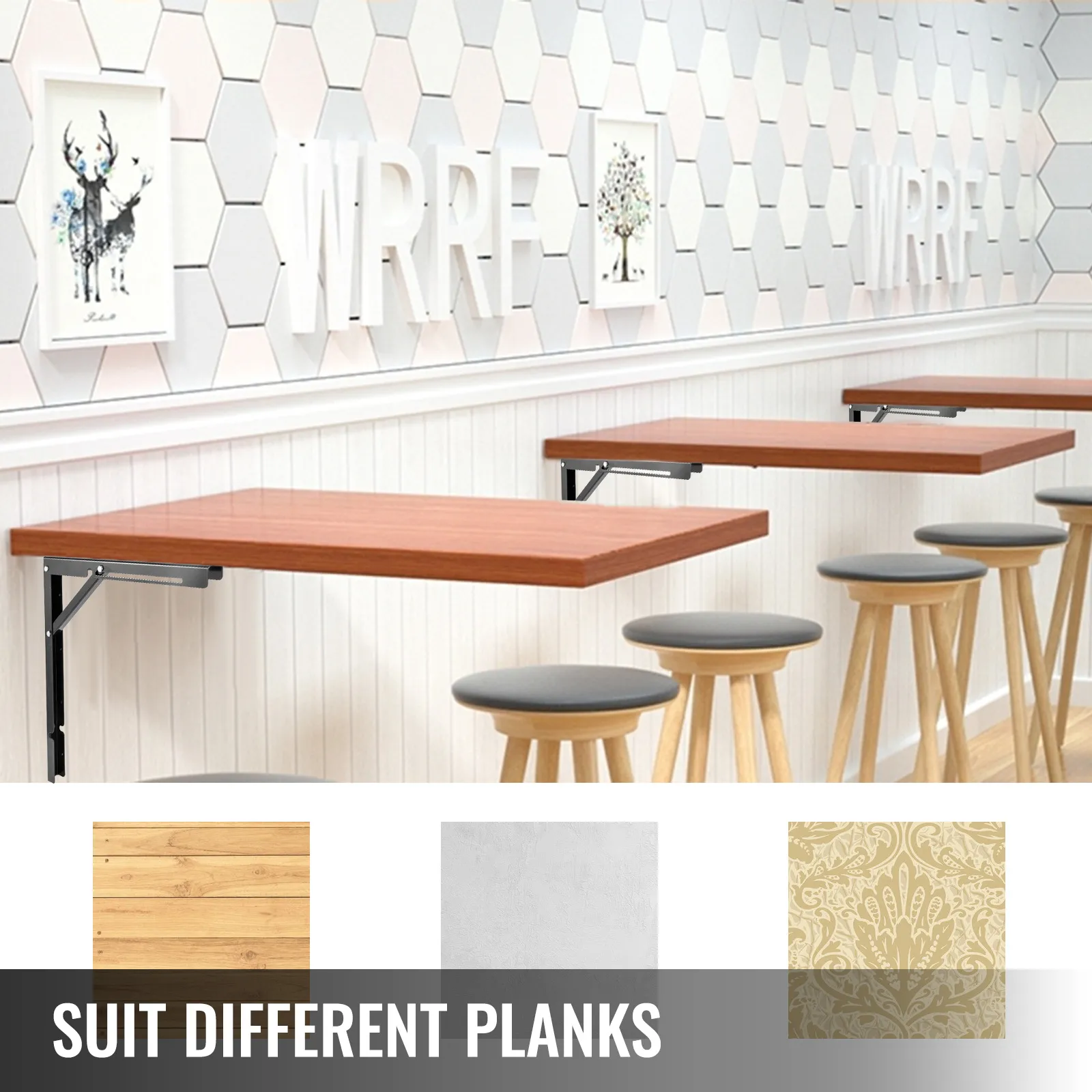 wall-mounted wooden tables using VEVOR folding shelf brackets with wooden stools.