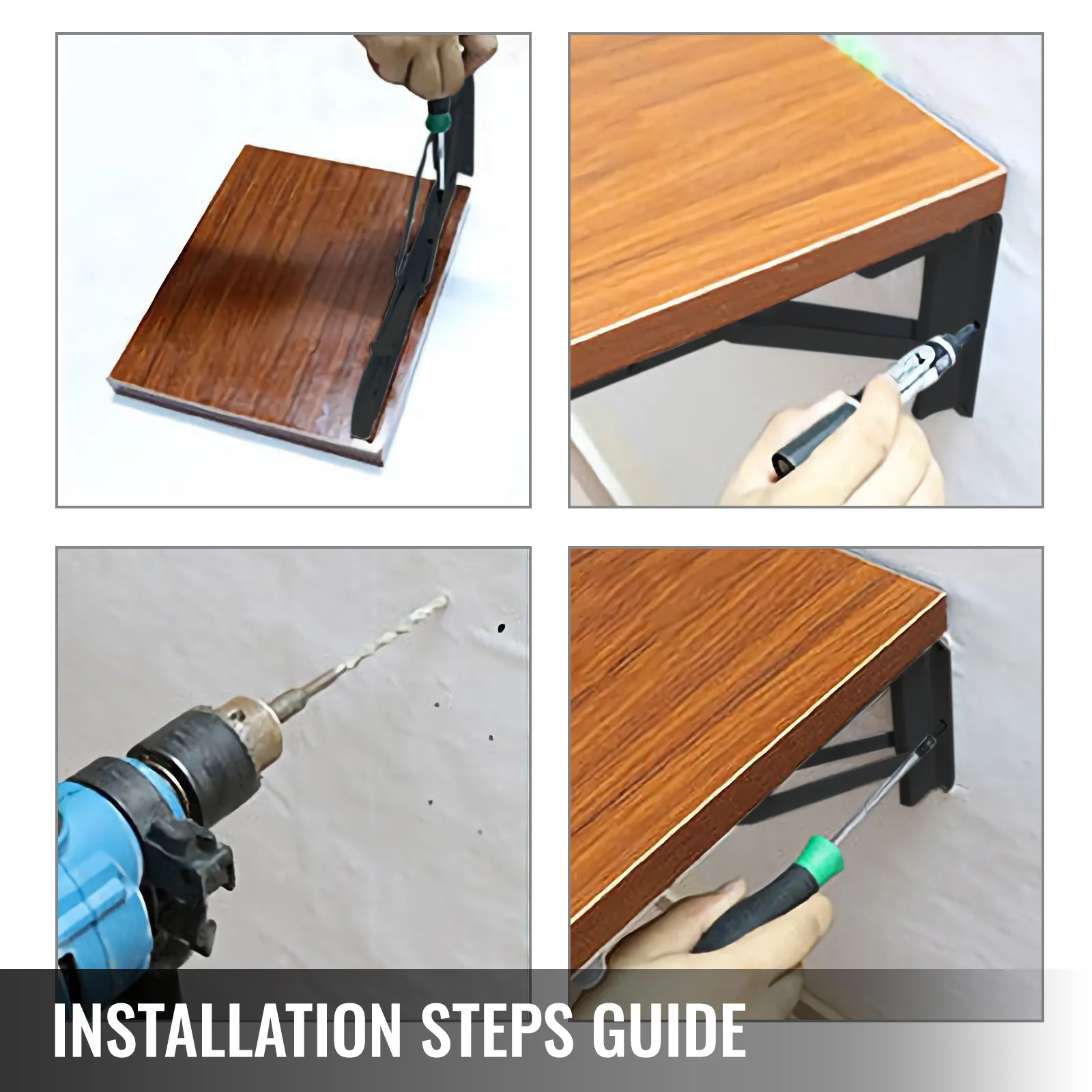 VEVOR folding shelf brackets installation steps guide featuring drill and screwdriver.