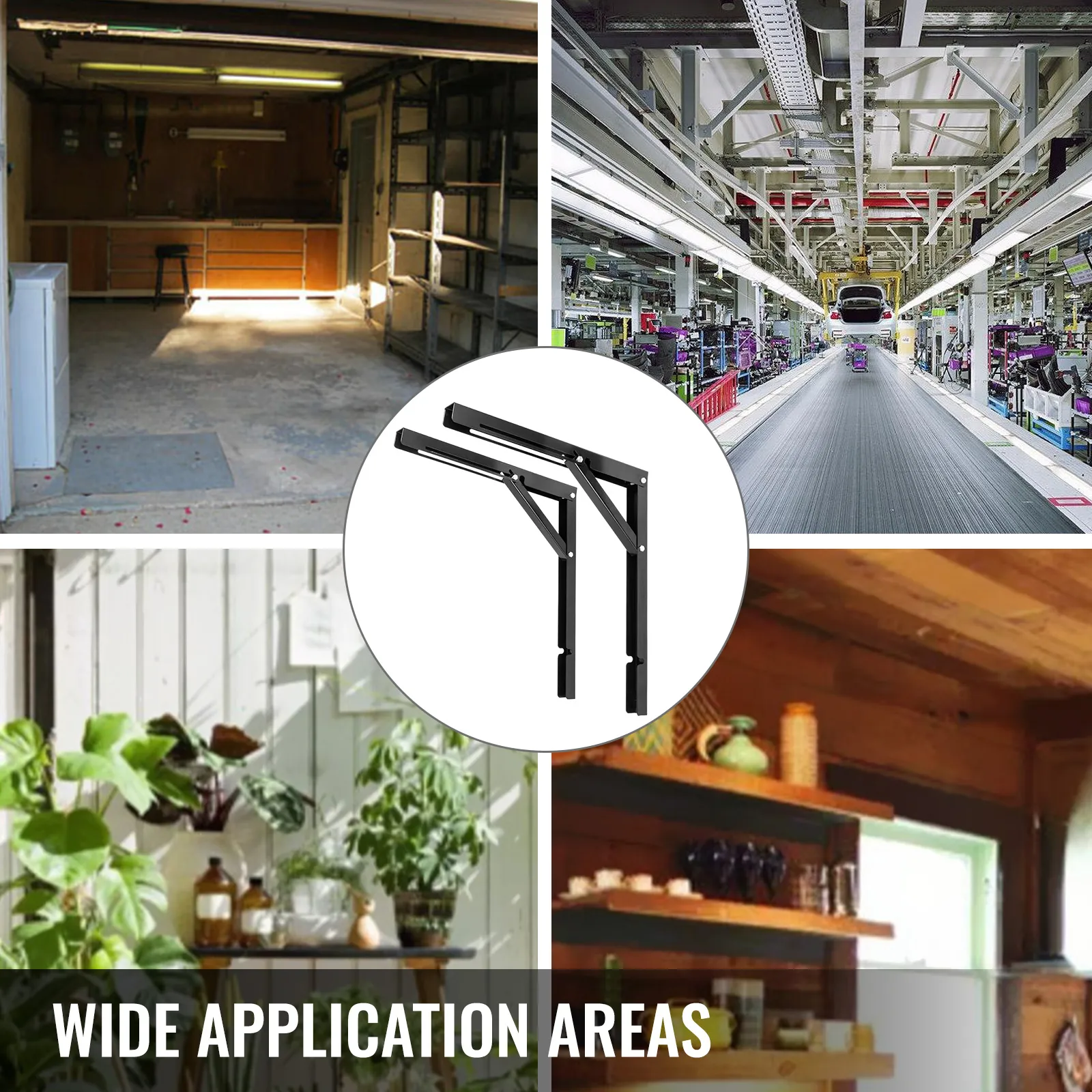 VEVOR folding shelf brackets used in various interior and industrial spaces.