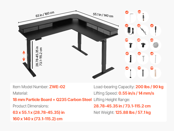 VEVOR Electric L Shaped Desk – 63 x 55.1 Inch, 200 LBS