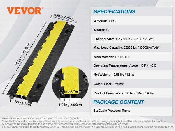 VEVOR cable protector ramp, black and yellow, 2-channel, 36.14 x 9.84 x 1.69 in, tpu & tpr.