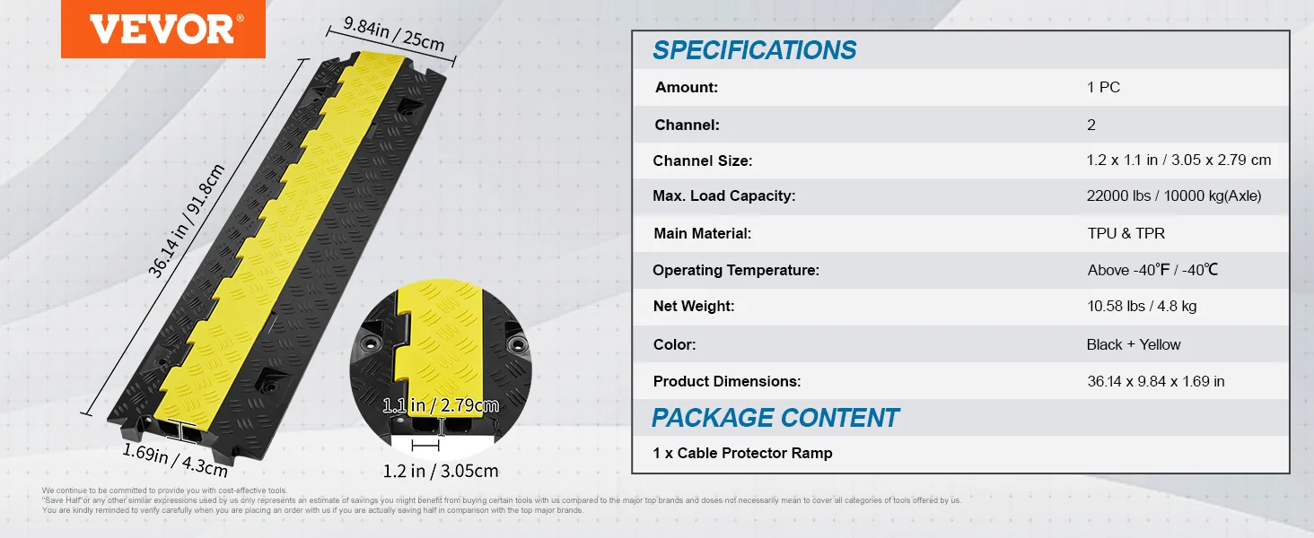 VEVOR cable protector ramp, black and yellow, 2-channel, 36.14 x 9.84 x 1.69 in, tpu & tpr.