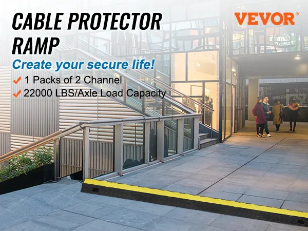 VEVOR cable protector ramp displayed outside a building with stairs, featuring 22000 lbs/axle load capacity.