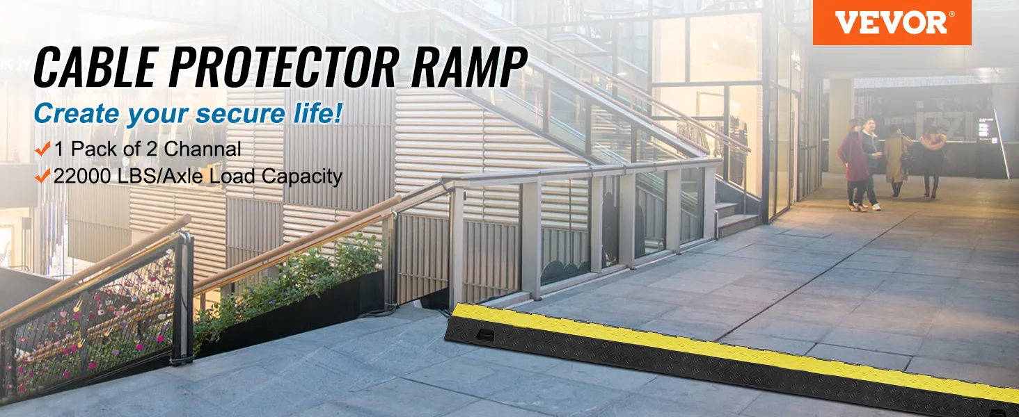 VEVOR cable protector ramp displayed outside a building with stairs, featuring 22000 lbs/axle load capacity.