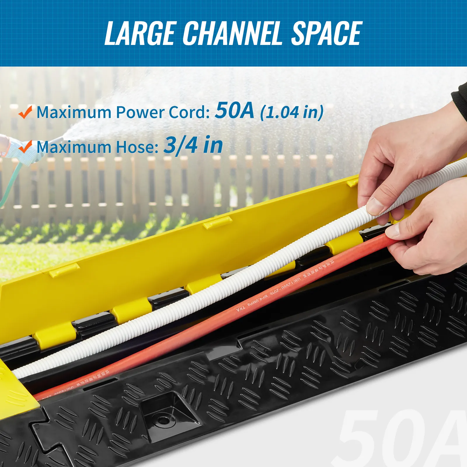 hands placing cables inside a VEVOR cable protector ramp with large channel space, 50a power cord, and 3/4 in hose.