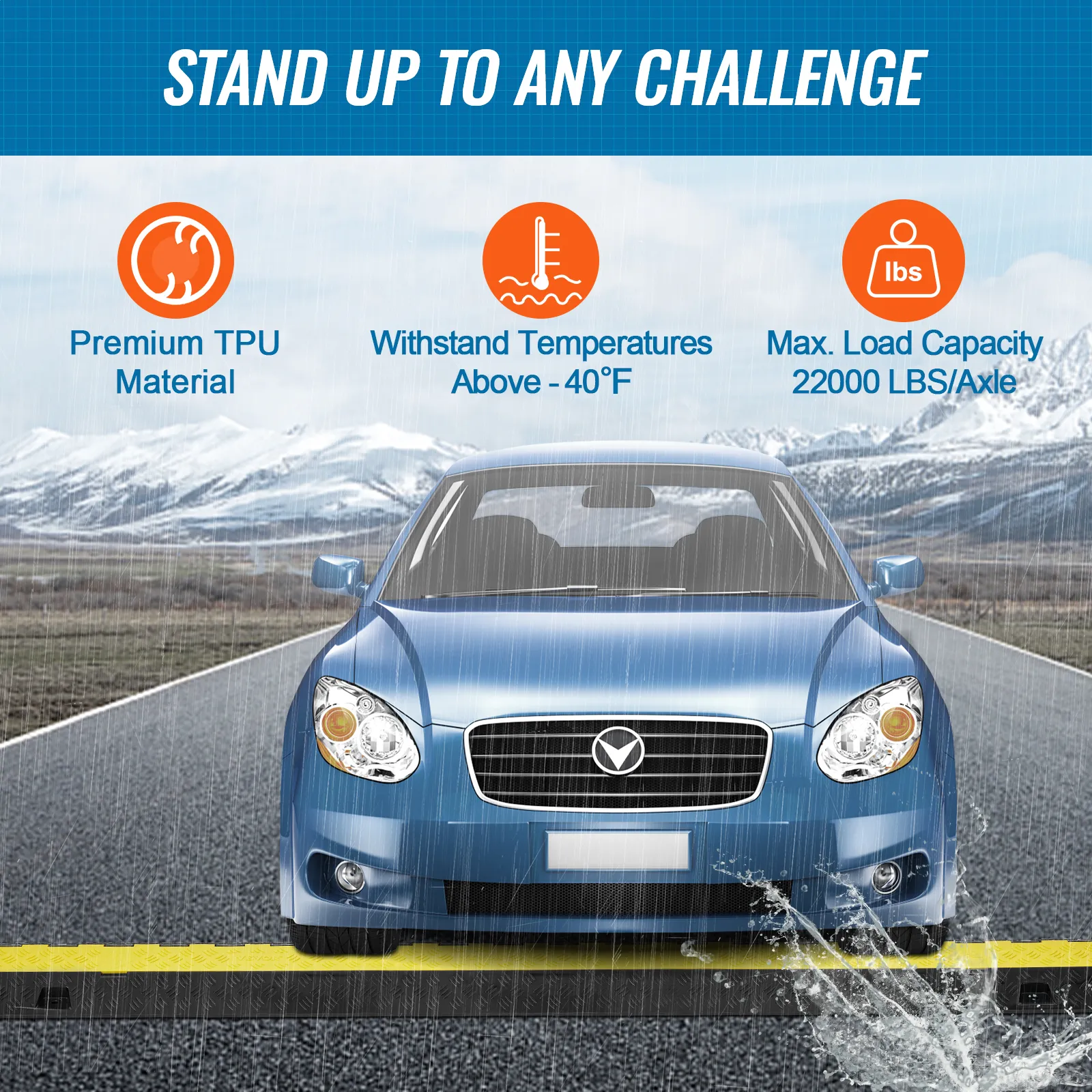 blue car driving over VEVOR cable protector ramp on rainy mountain road, showcasing premium tpu material.