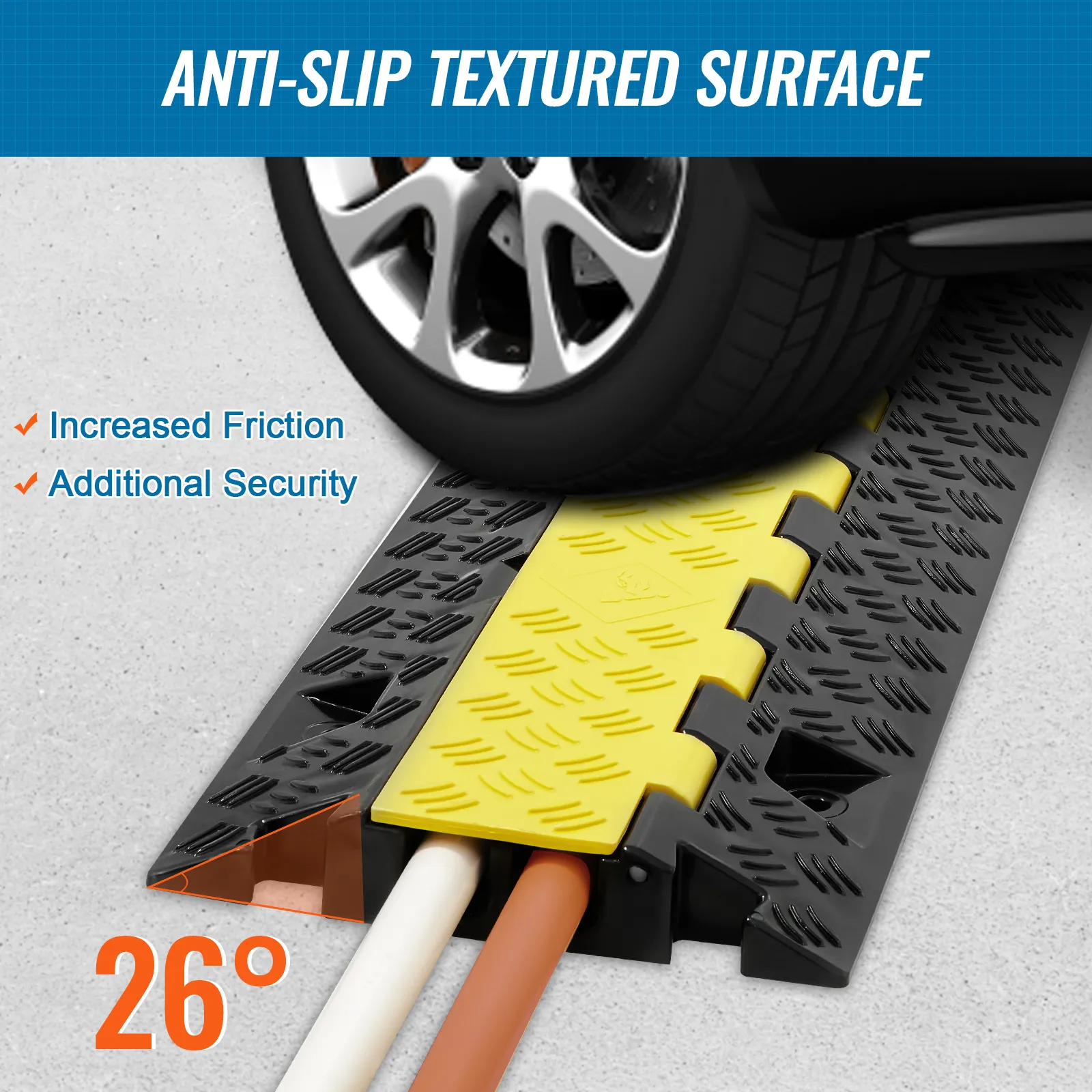 VEVOR cable protector ramp with anti-slip surface, increased friction, and additional security for vehicles.
