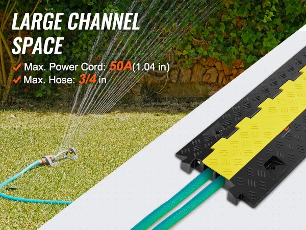 VEVOR cable protector ramp with large channel space for 50a power cords and 3/4 inch hoses in a garden.