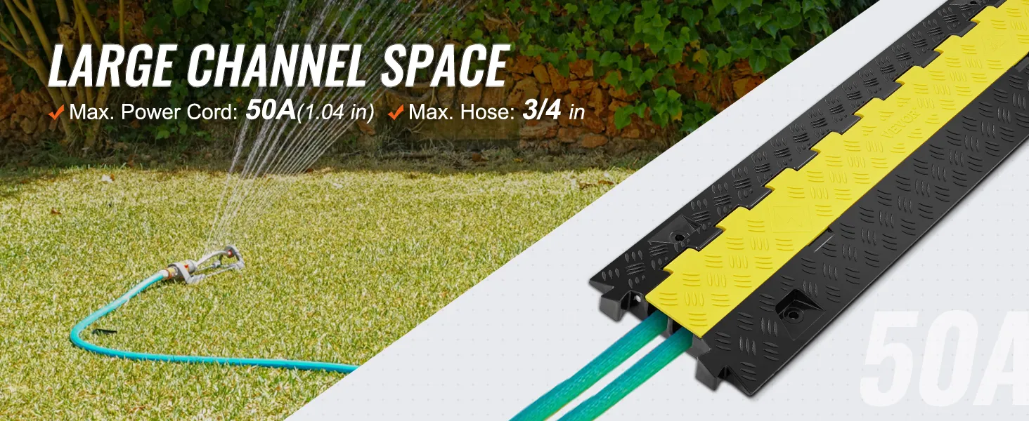 VEVOR cable protector ramp with large channel space for 50a power cords and 3/4 inch hoses in a garden.