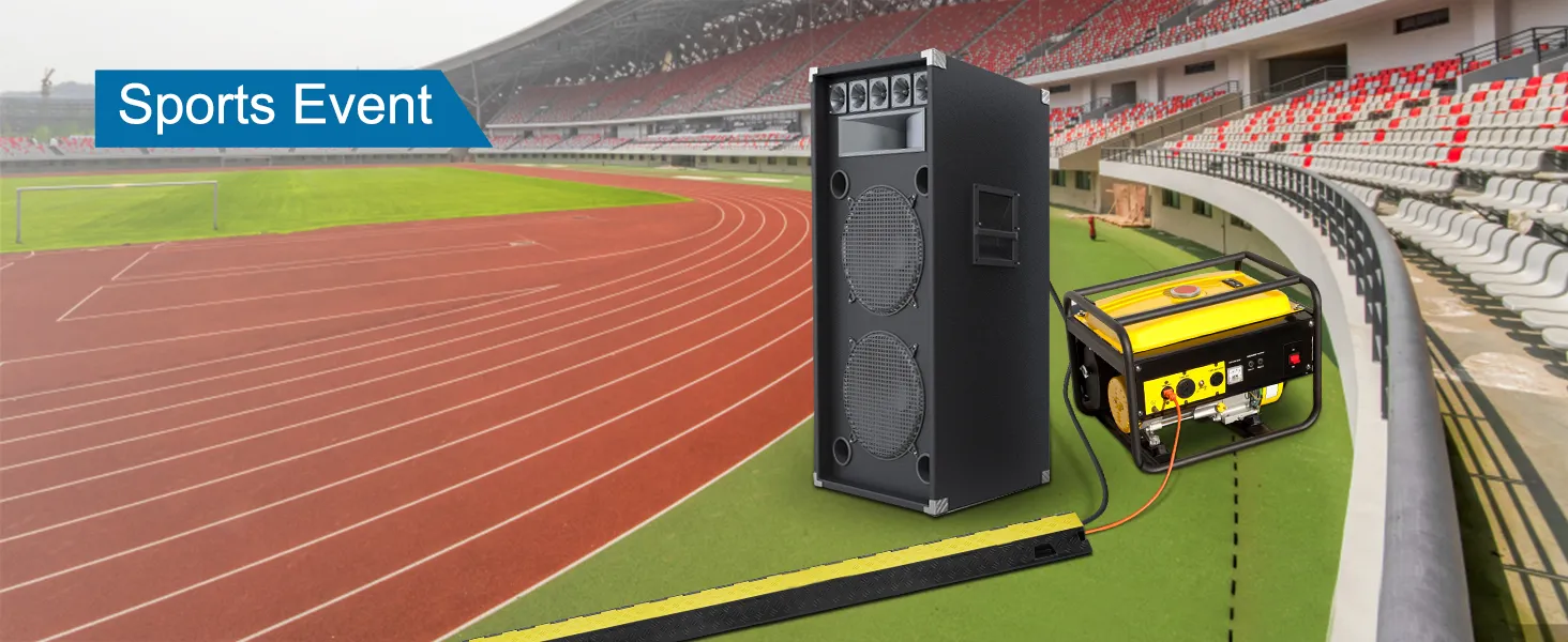 VEVOR cable protector ramp in a stadium setting for a sports event with speaker and generator.