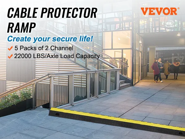 VEVOR cable protector ramp for 22000 lbs, 5-pack with 2 channels, shown in a pedestrian area near stairs.