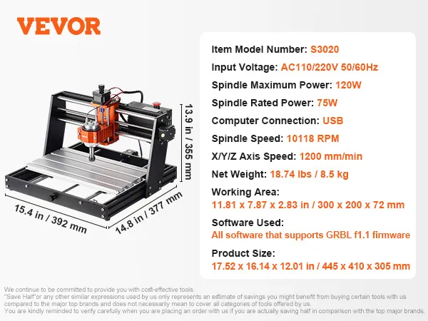 VEVOR cnc-freesmachine s3020, 60w, 3-assig, 11,8x7,87x2,36 inch werkgebied, usb, aluminiumlegering.