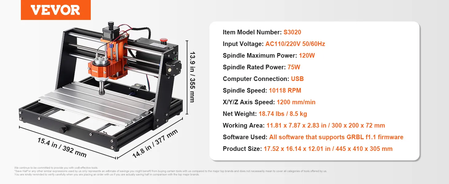 VEVOR cnc-freesmachine s3020, 60w, 3-assig, 11,8x7,87x2,36 inch werkgebied, usb, aluminiumlegering.
