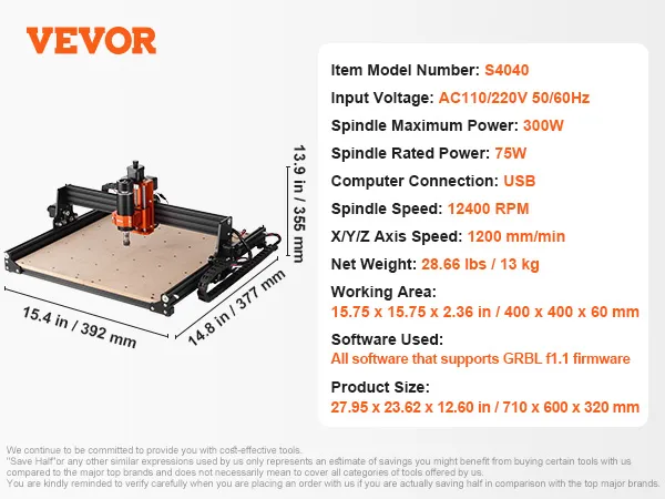 Máquina enrutadora CNC VEVOR s4040, 300w, 3 ejes, área de trabajo de 15,7 x 15,7 x 2,95 pulgadas, USB, control grbl.