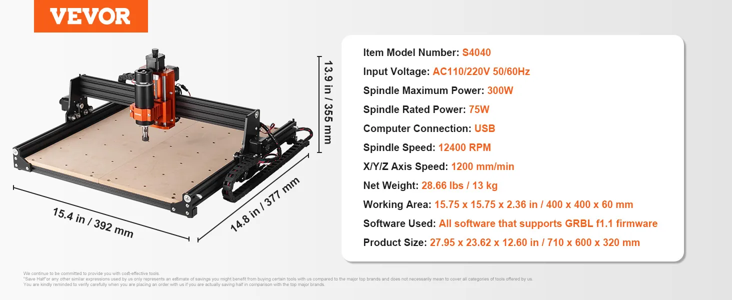 Máquina enrutadora CNC VEVOR s4040, 300w, 3 ejes, área de trabajo de 15,7 x 15,7 x 2,95 pulgadas, USB, control grbl.