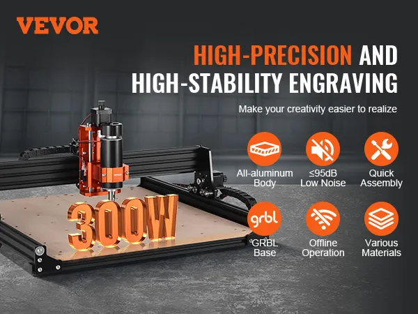 Máquina enrutadora CNC VEVOR con husillo de alta potencia de 300 W, configurada para grabar en un taller.