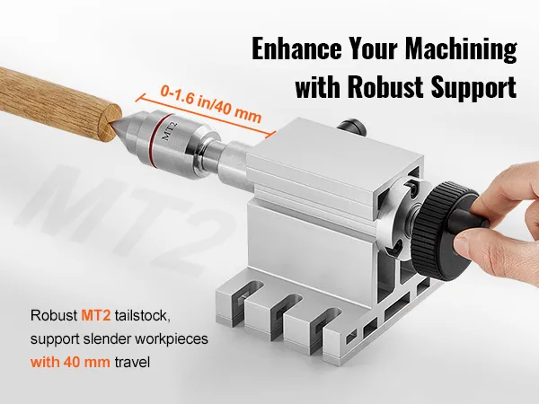 Der MT2-Reitstock stützt ein Holzwerkstück mit 40 mm Hub und verbessert die Präzision des Maschinisten durch robuste Unterstützung.