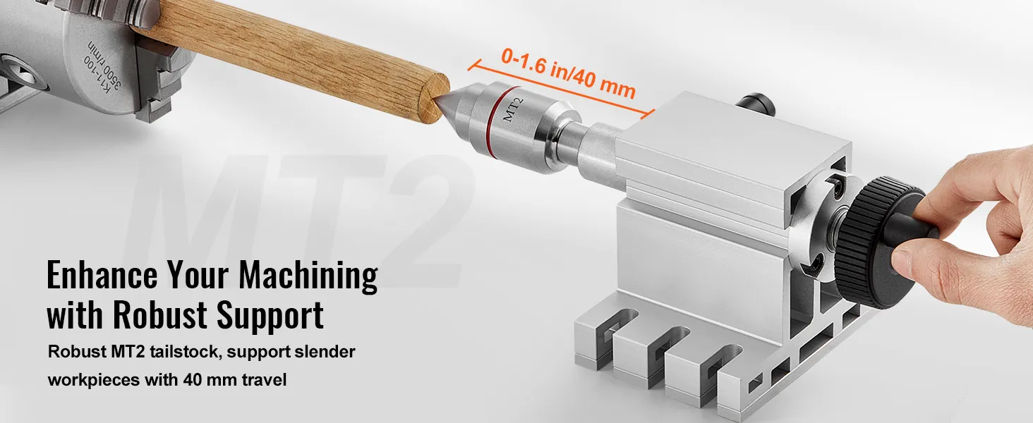 Der MT2-Reitstock stützt ein Holzwerkstück mit 40 mm Hub und verbessert die Präzision des Maschinisten durch robuste Unterstützung.