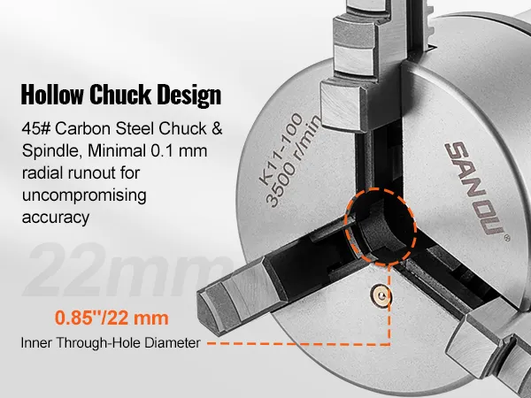 Hohlfutterdesign aus 45# Kohlenstoffstahl für hohe Genauigkeit, mit einem inneren Durchgangslochdurchmesser von 22 mm.