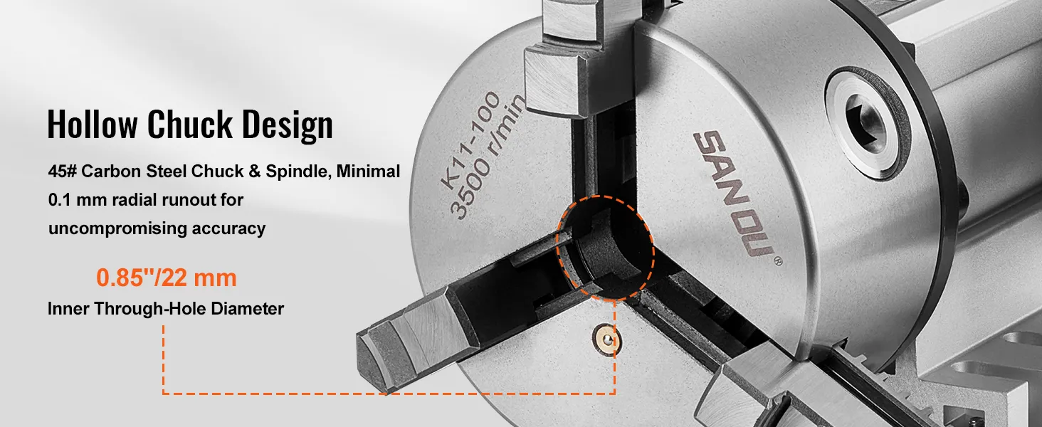 Hohlfutterdesign aus 45# Kohlenstoffstahl für hohe Genauigkeit, mit einem inneren Durchgangslochdurchmesser von 22 mm.