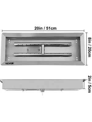 rectangular VEVOR fire pit pan with dimensions of 20x8x2 inches. stainless steel finish.