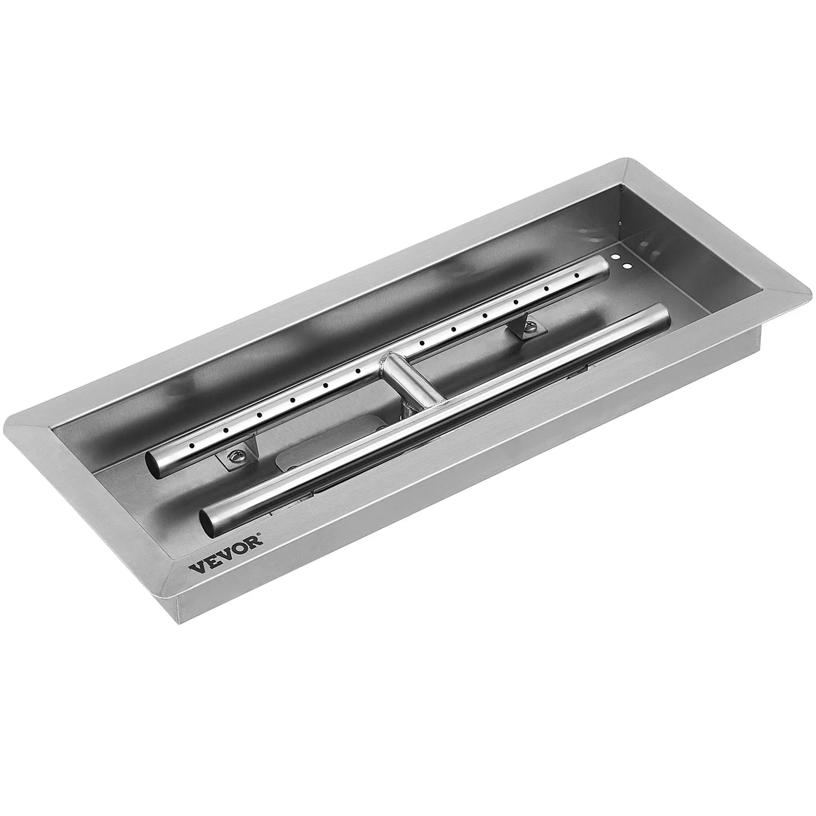 stainless steel VEVOR fire pit pan with rectangular design and burner tube.