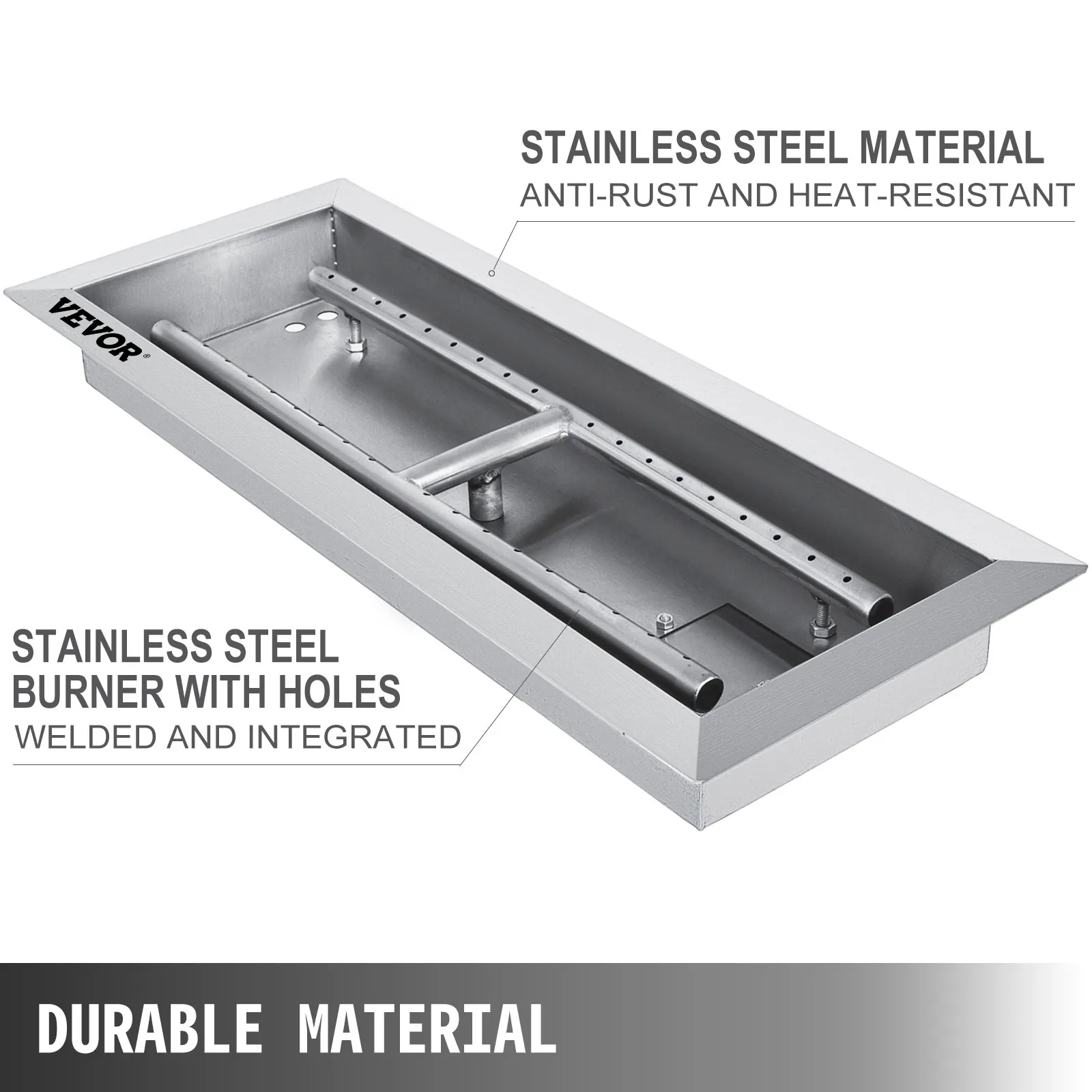 VEVOR fire pit pan with stainless steel burner, anti-rust, heat-resistant material.