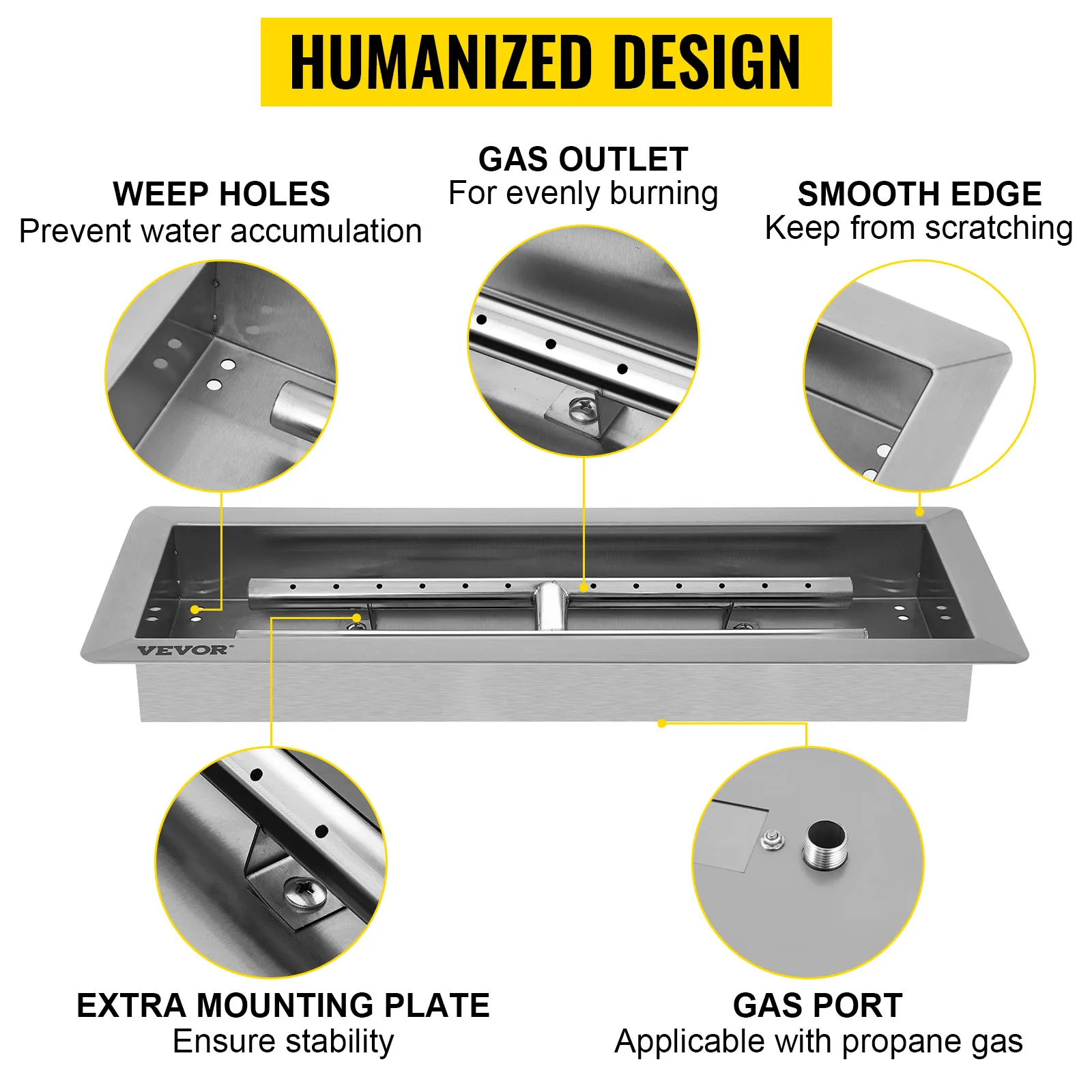 VEVOR fire pit pan with weep holes, gas outlet, smooth edge, and extra mounting plate.