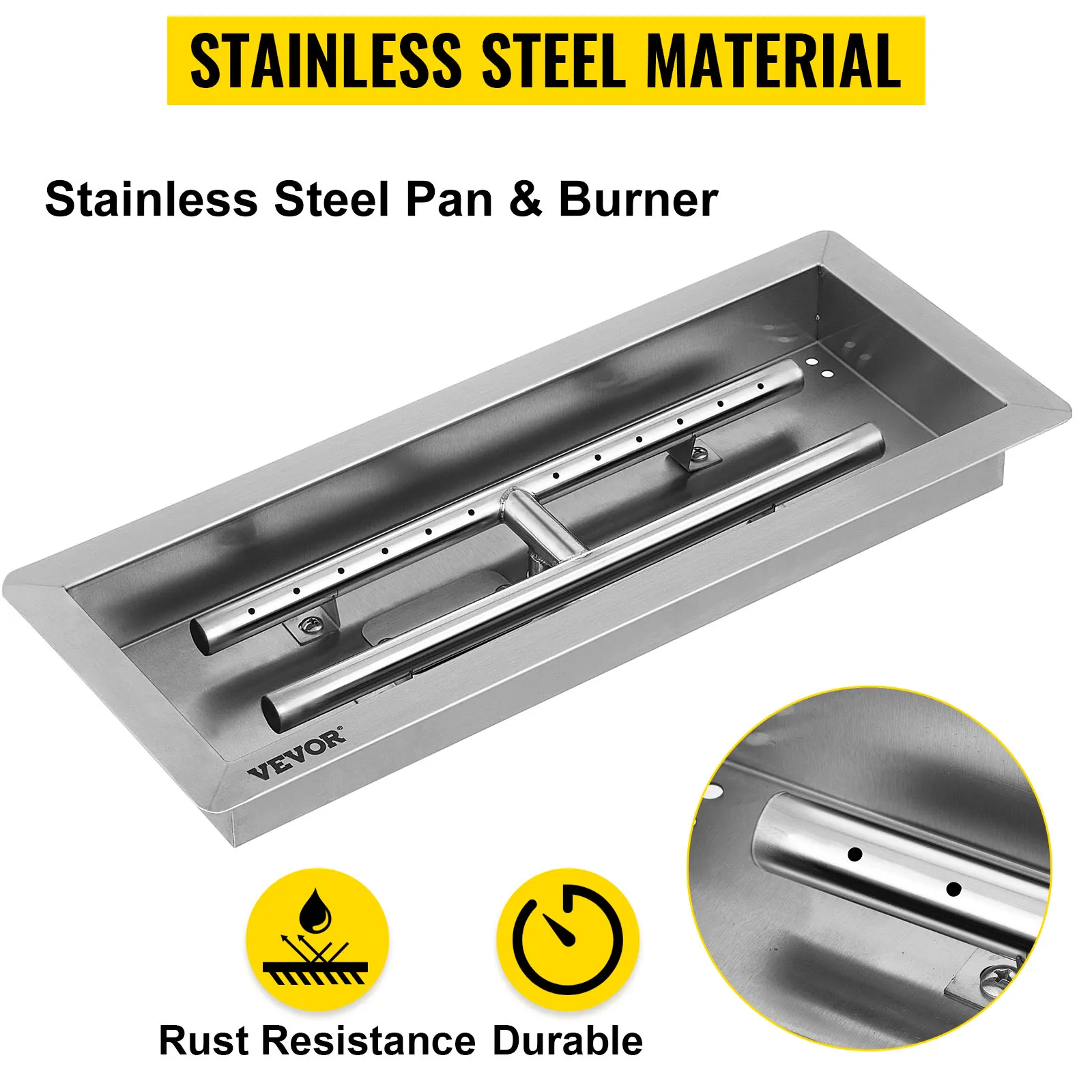 VEVOR fire pit pan with stainless steel burner, rust-resistant and durable.