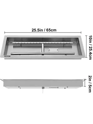 VEVOR stainless steel fire pit pan with dimensions: 25.5x10x2 inches.