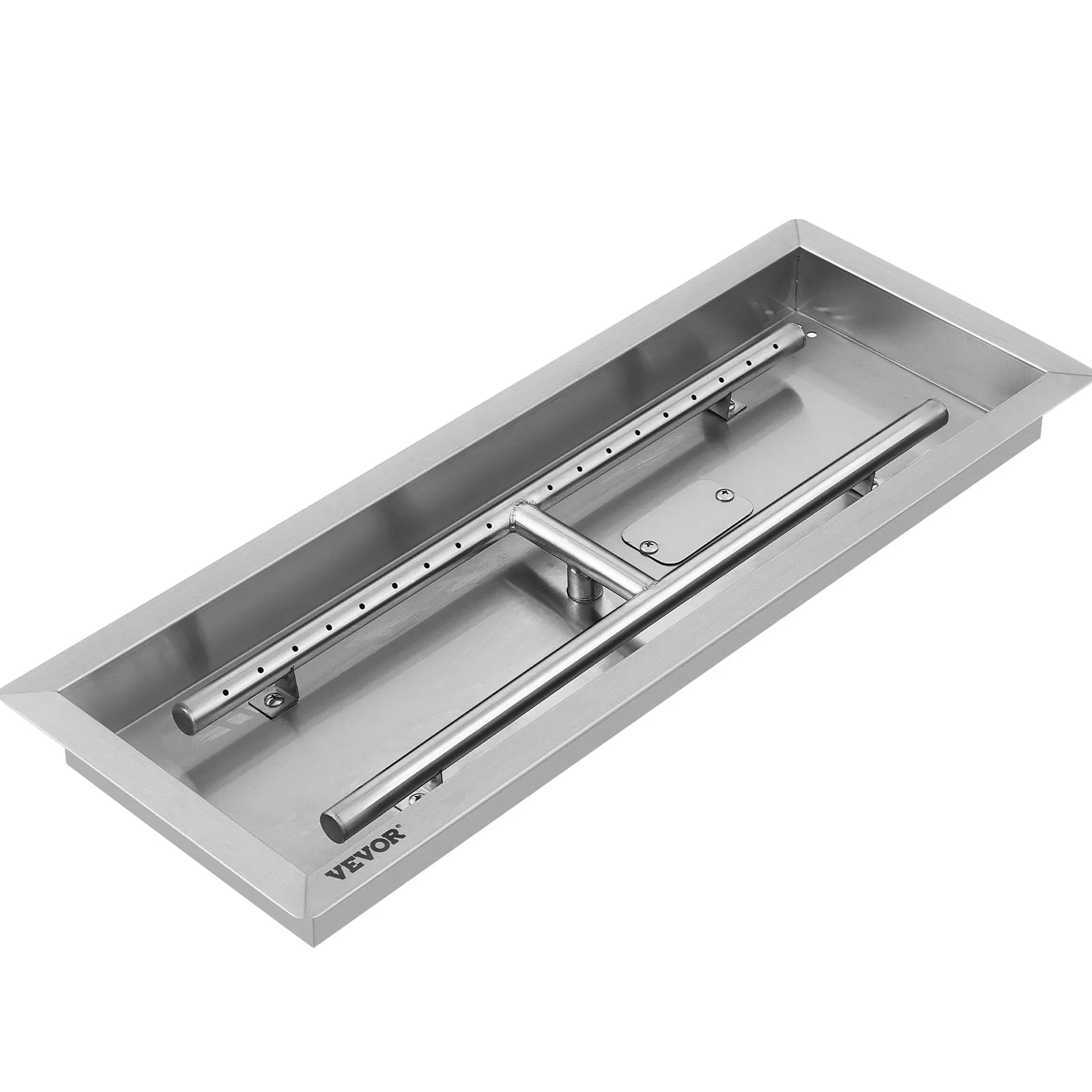 VEVOR stainless steel fire pit pan with burner tubes and polished finish.