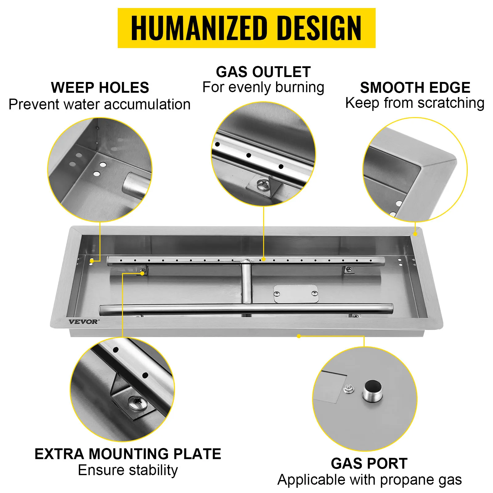 highlighted features of VEVOR stainless steel fire pit pan: weep holes, gas outlet, smooth edge.