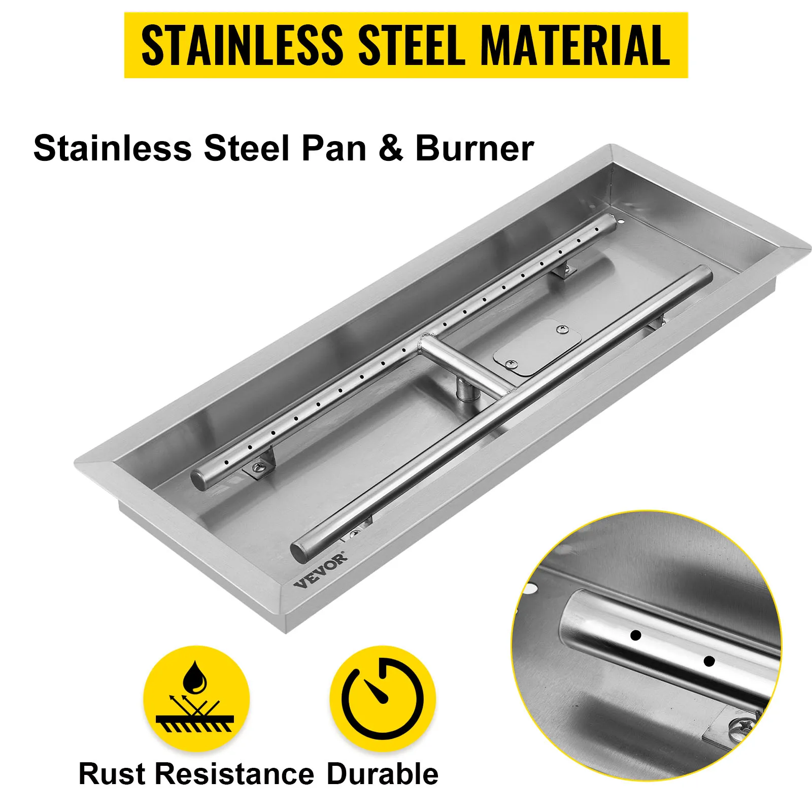 VEVOR stainless steel fire pit pan, rust-resistant and durable design.