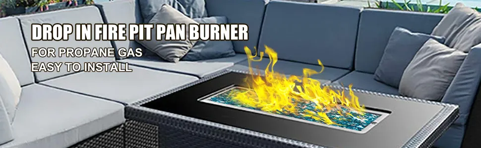VEVOR fire pit pan on a modern outdoor patio with sectional seating and bright flames.