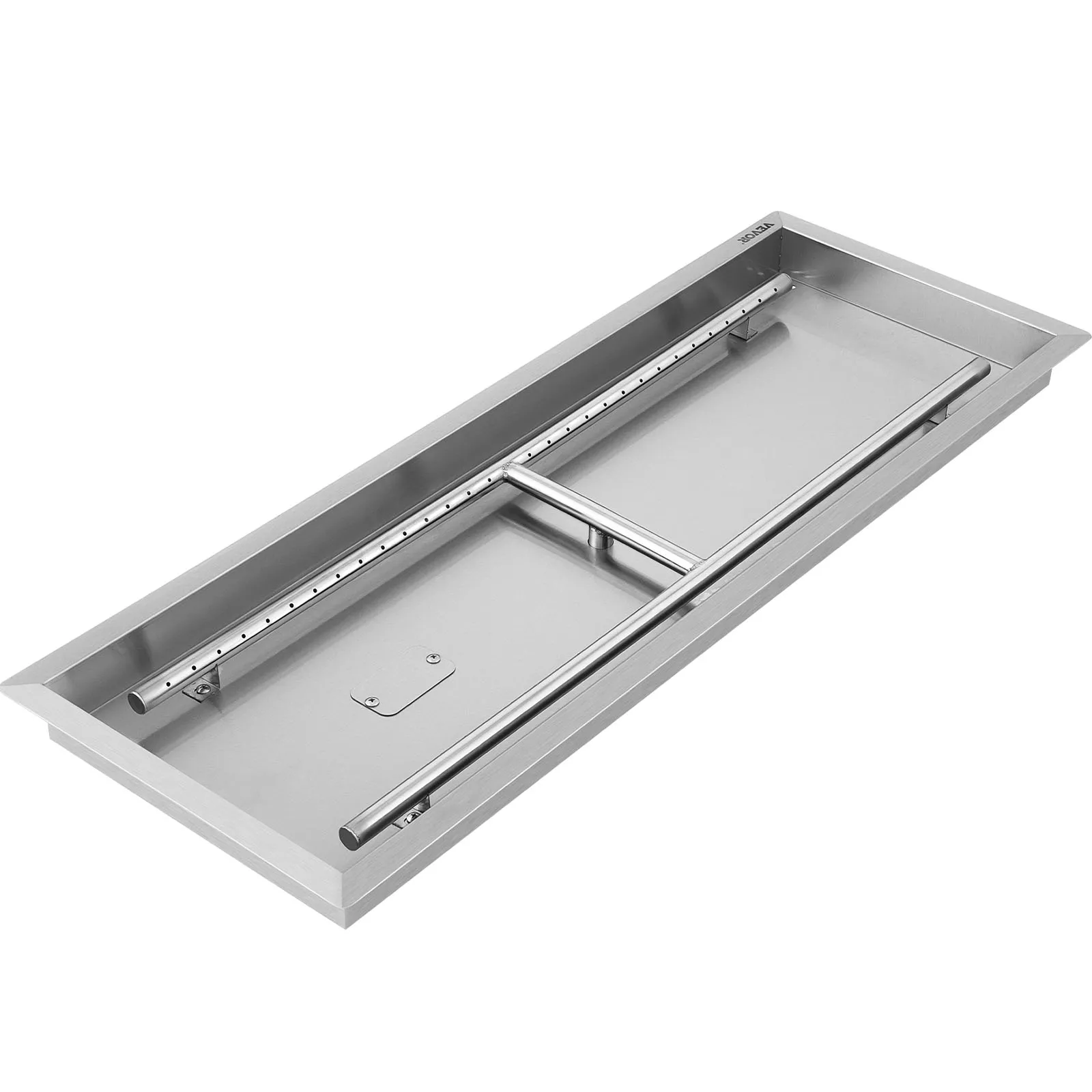 rectangular stainless steel VEVOR fire pit pan with a central t-shaped gas burner.