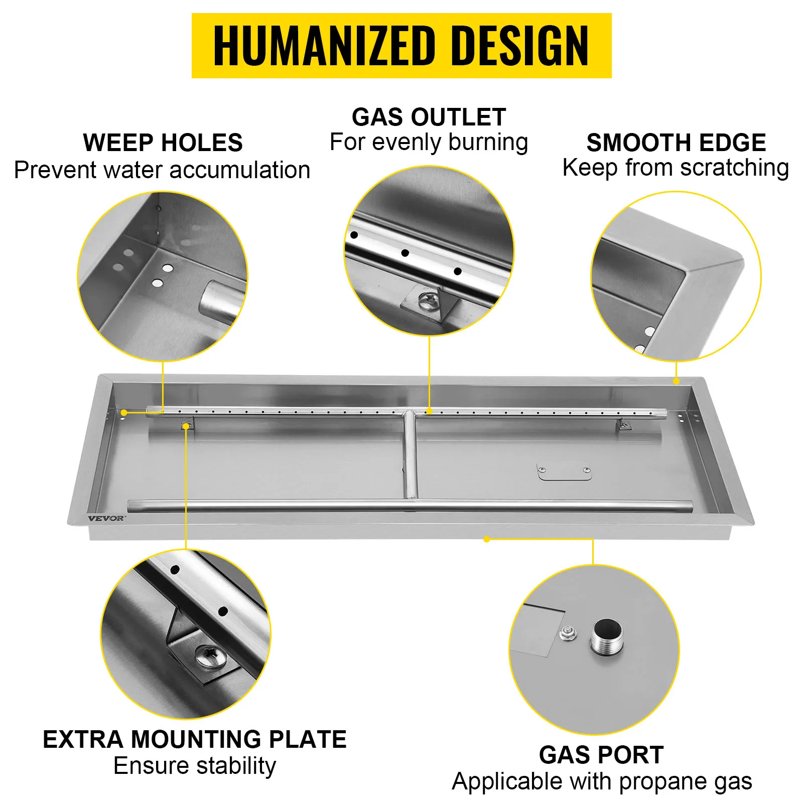 VEVOR fire pit pan with weep holes, smooth edge, gas outlet, and gas port.