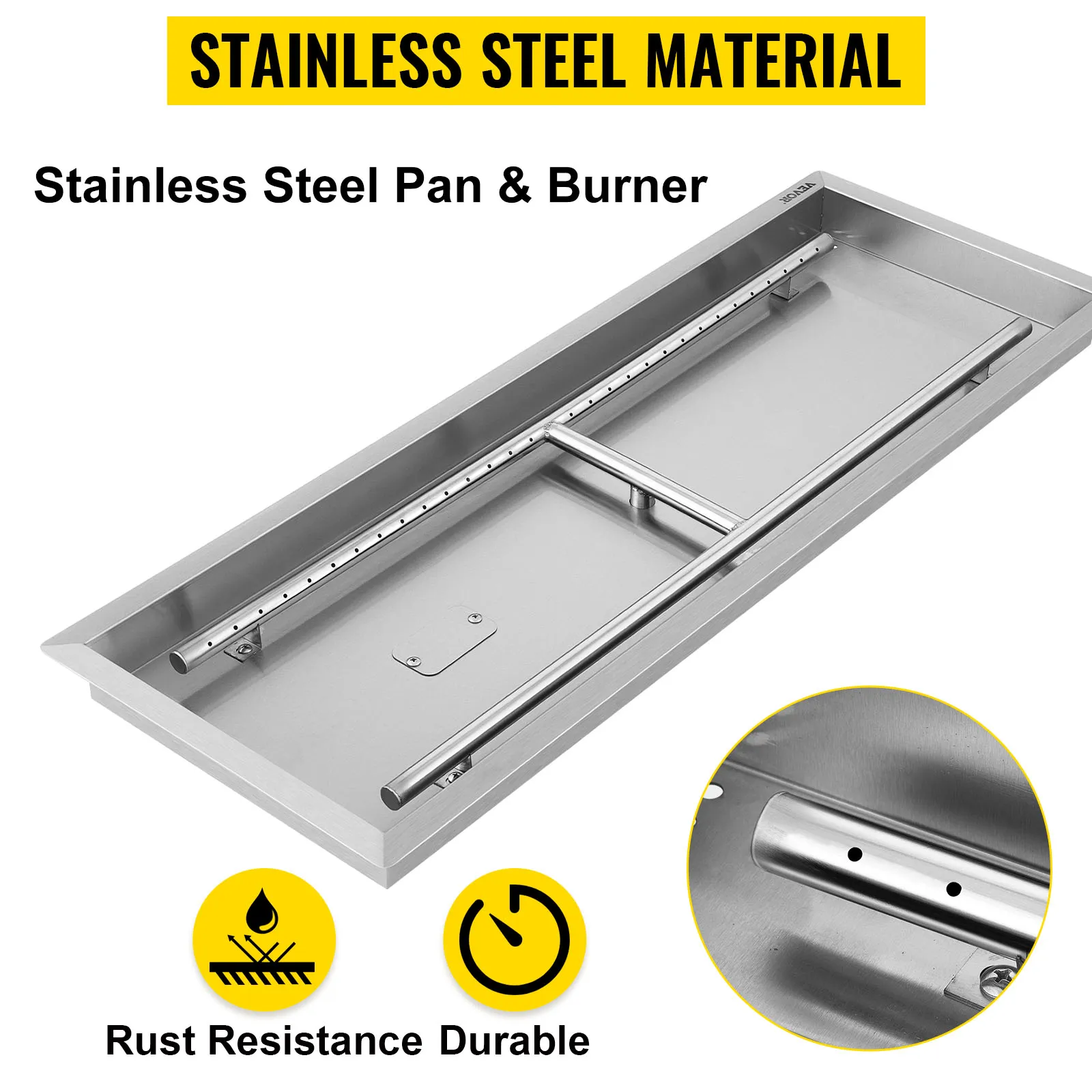 VEVOR fire pit pan: stainless steel pan and burner, rust-resistant and durable.