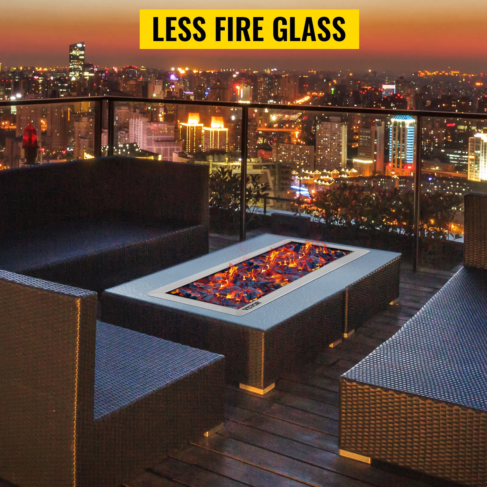rooftop setting with a VEVOR fire pit pan surrounded by modern patio furniture.