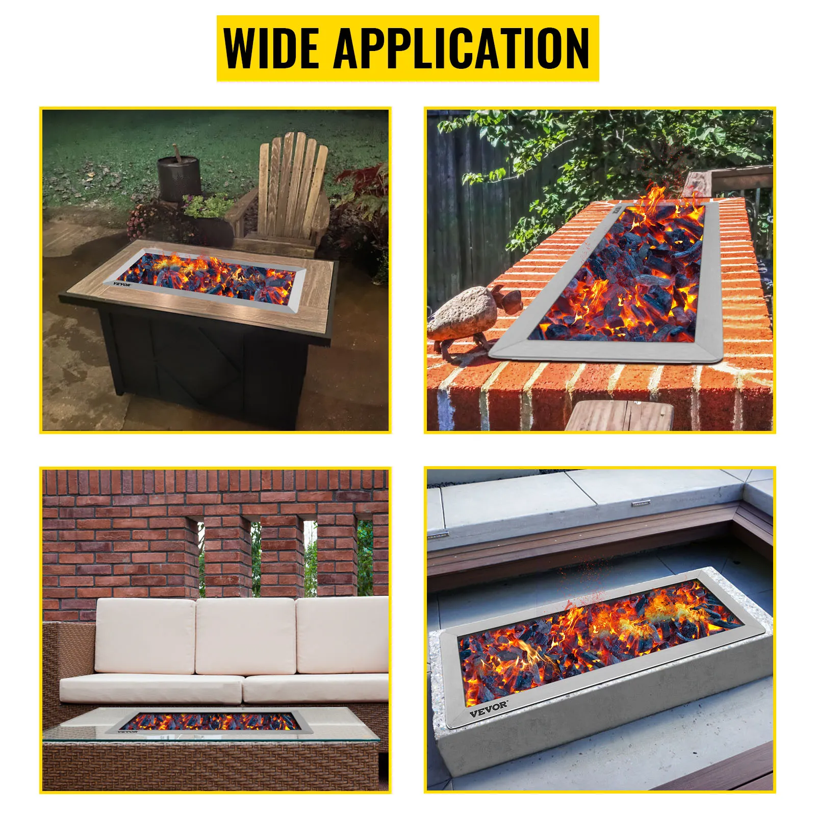 VEVOR fire pit pan showcasing versatile settings on patios, brick surfaces, and decks.