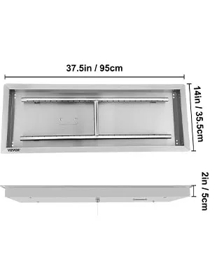 rectangular stainless steel VEVOR fire pit pan, 37.5in x 14in x 2in with dimensions noted.