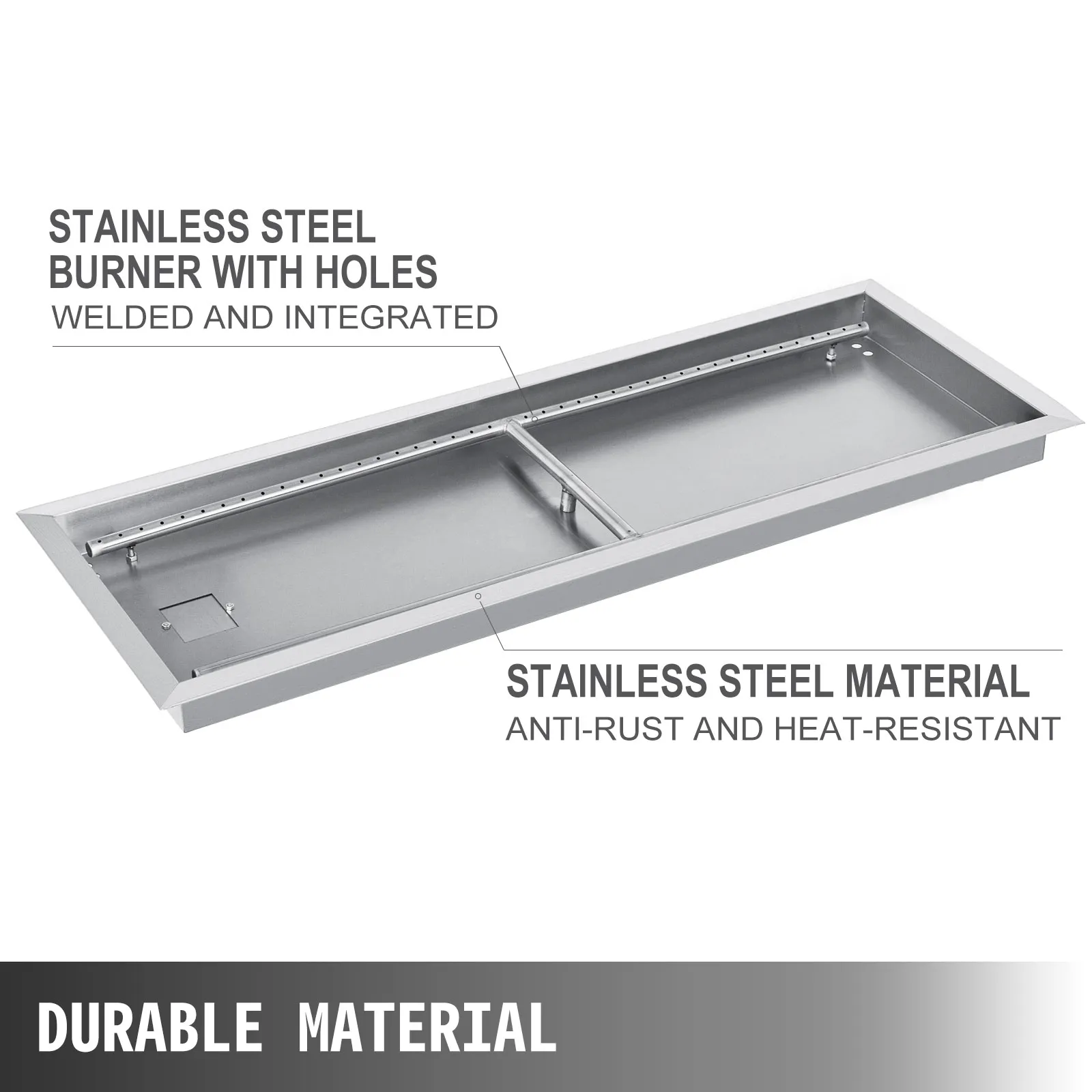 VEVOR fire pit pan with stainless steel burner, anti-rust, heat-resistant material.
