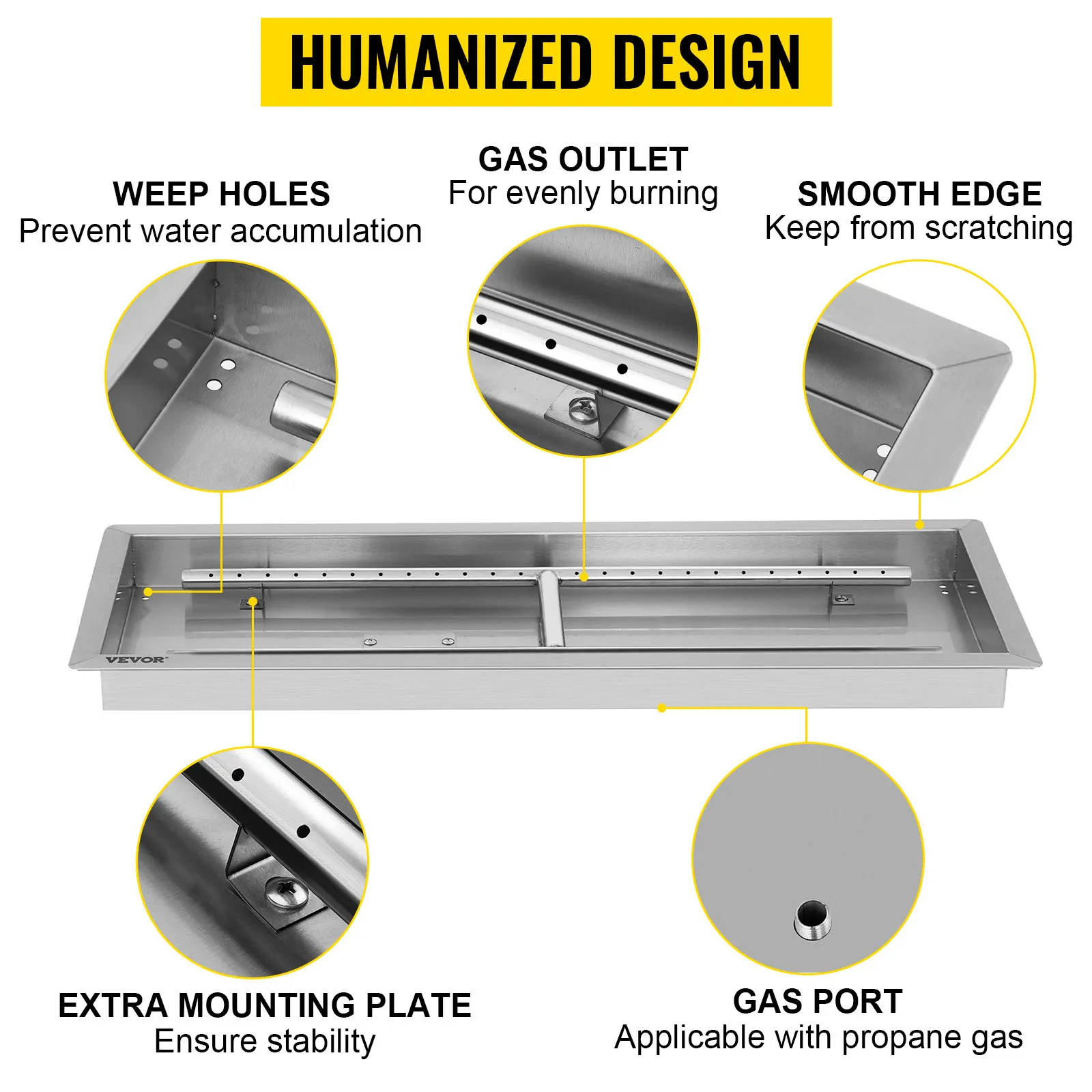 VEVOR fire pit pan with weep holes, smooth edge, gas outlet, and mounting plate.