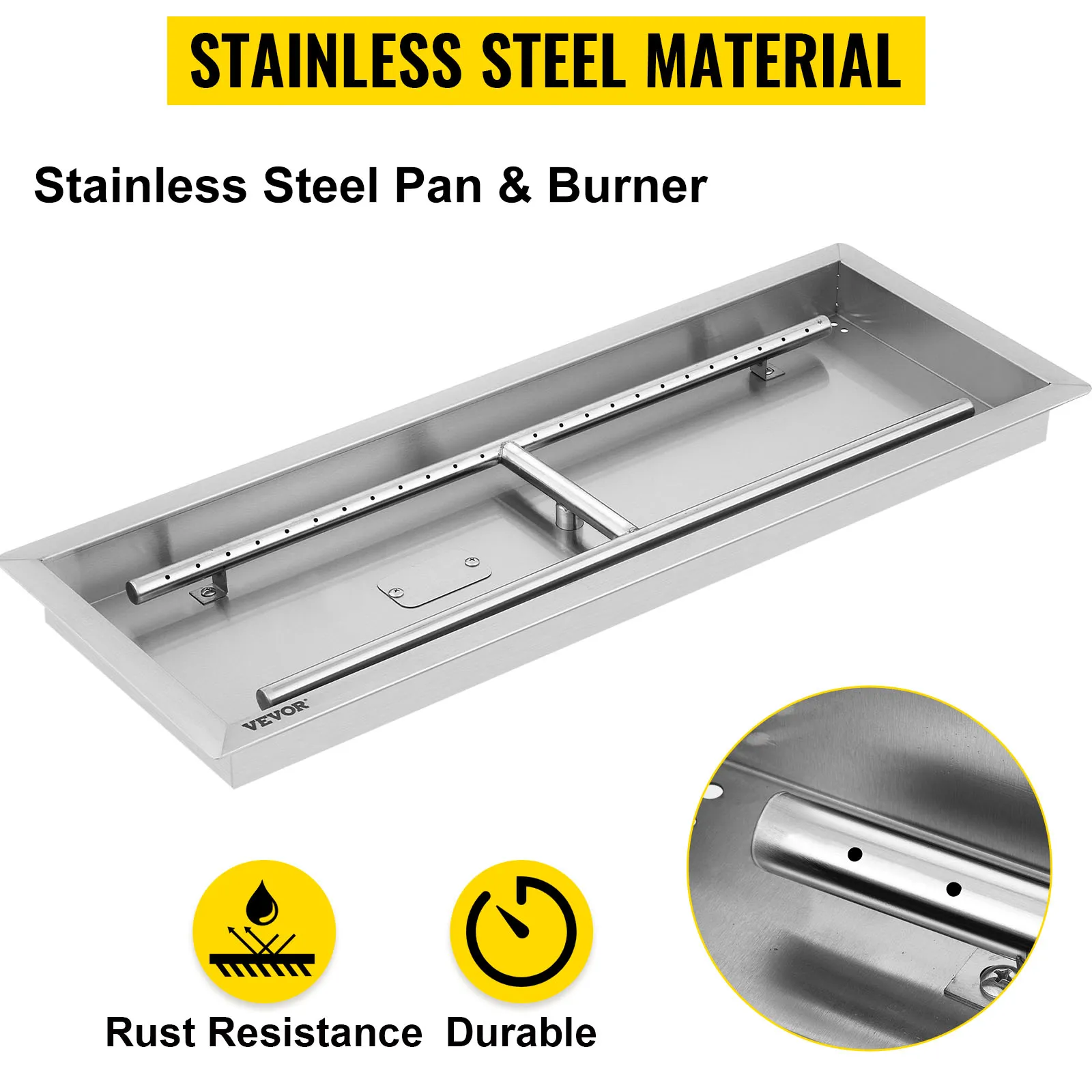 VEVOR fire pit pan made of stainless steel, featuring rust resistance and durability.