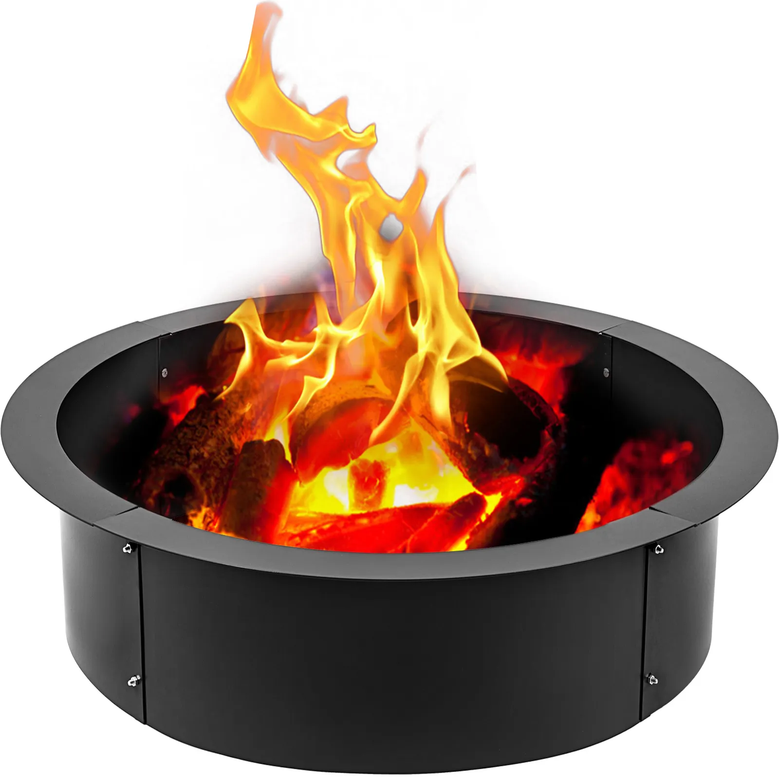 black VEVOR fire pit ring with glowing flames and burning logs.
