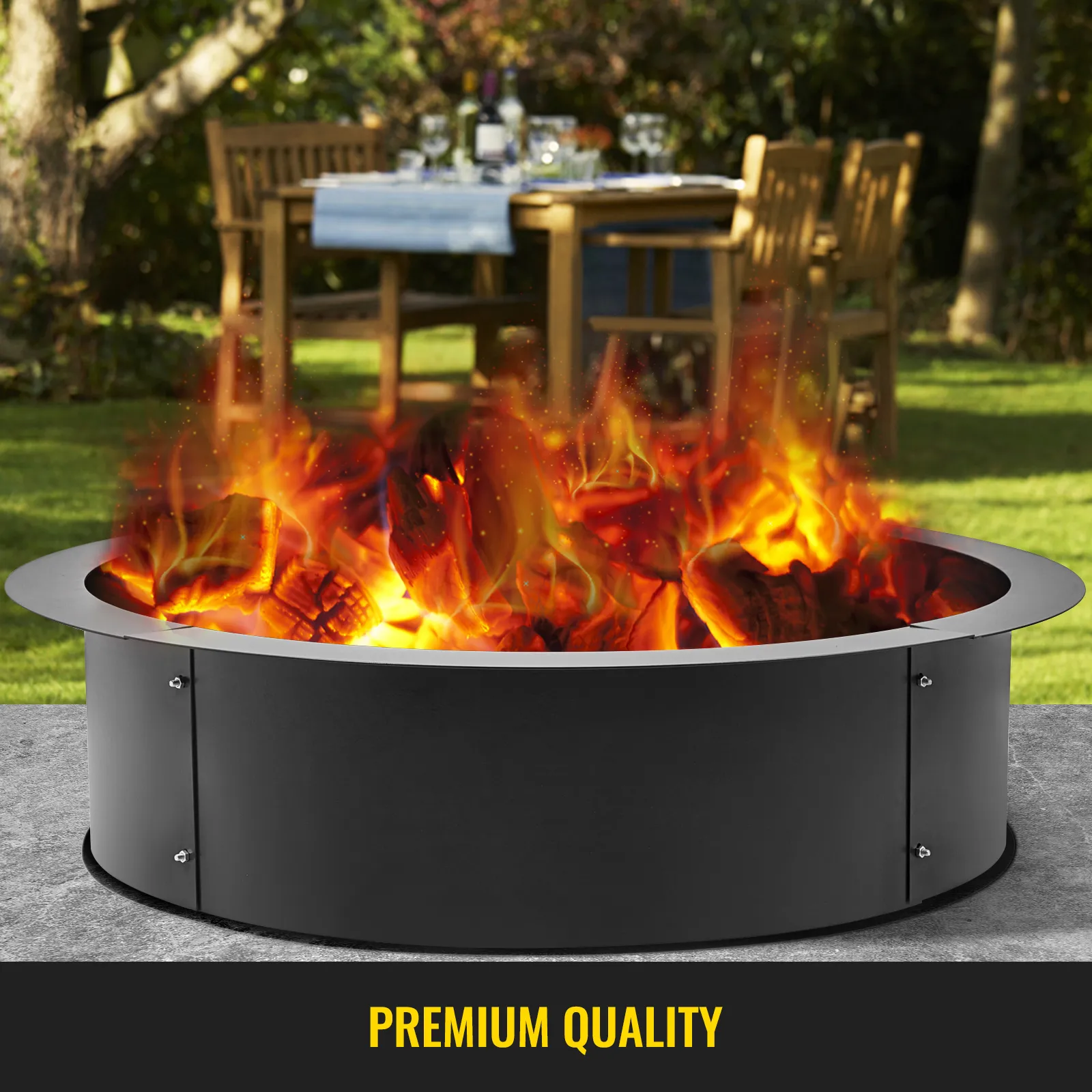 VEVOR fire pit ring with vibrant flames, wooden chairs, and table set in a garden. premium quality.