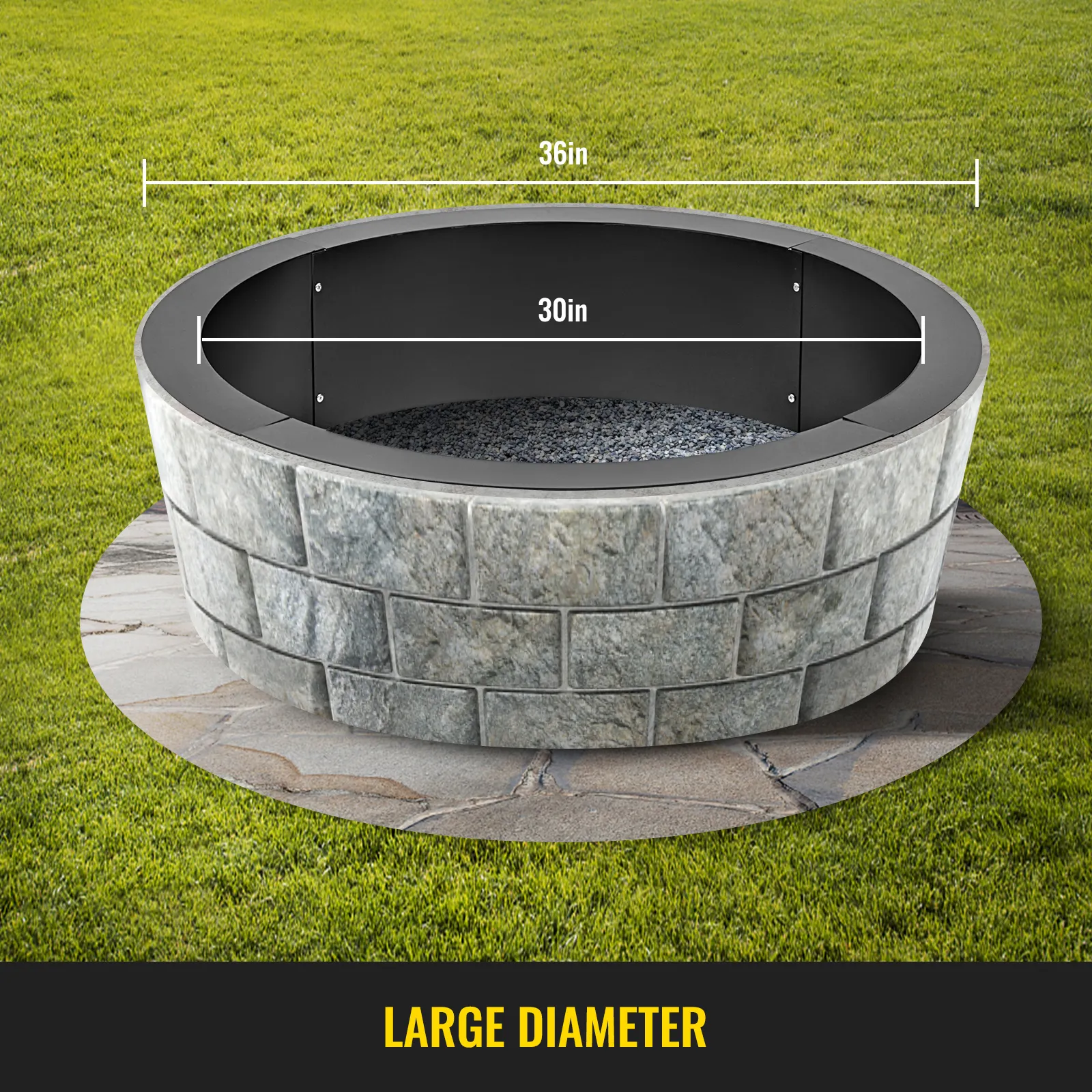 VEVOR fire pit ring with 36in outer and 30in inner diameter on grass and stone surface.